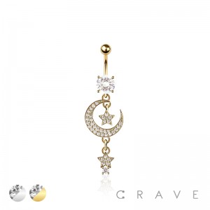 316L SURGICAL STEEL MULTI CZ MOON STAR DANGLE TWINKLE STAR BELLY BUTTON NAVEL RING 